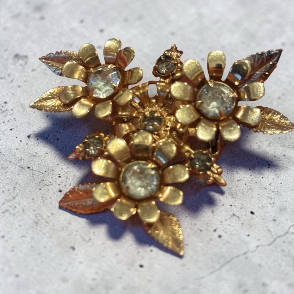 Gold Tone Rhinestone Flower Brooch 1940s Floral Spray Pin Vintage Glam